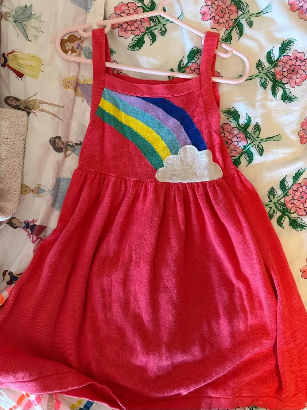 Mini Boden Pink Knit Dress with Rainbow and Cloud